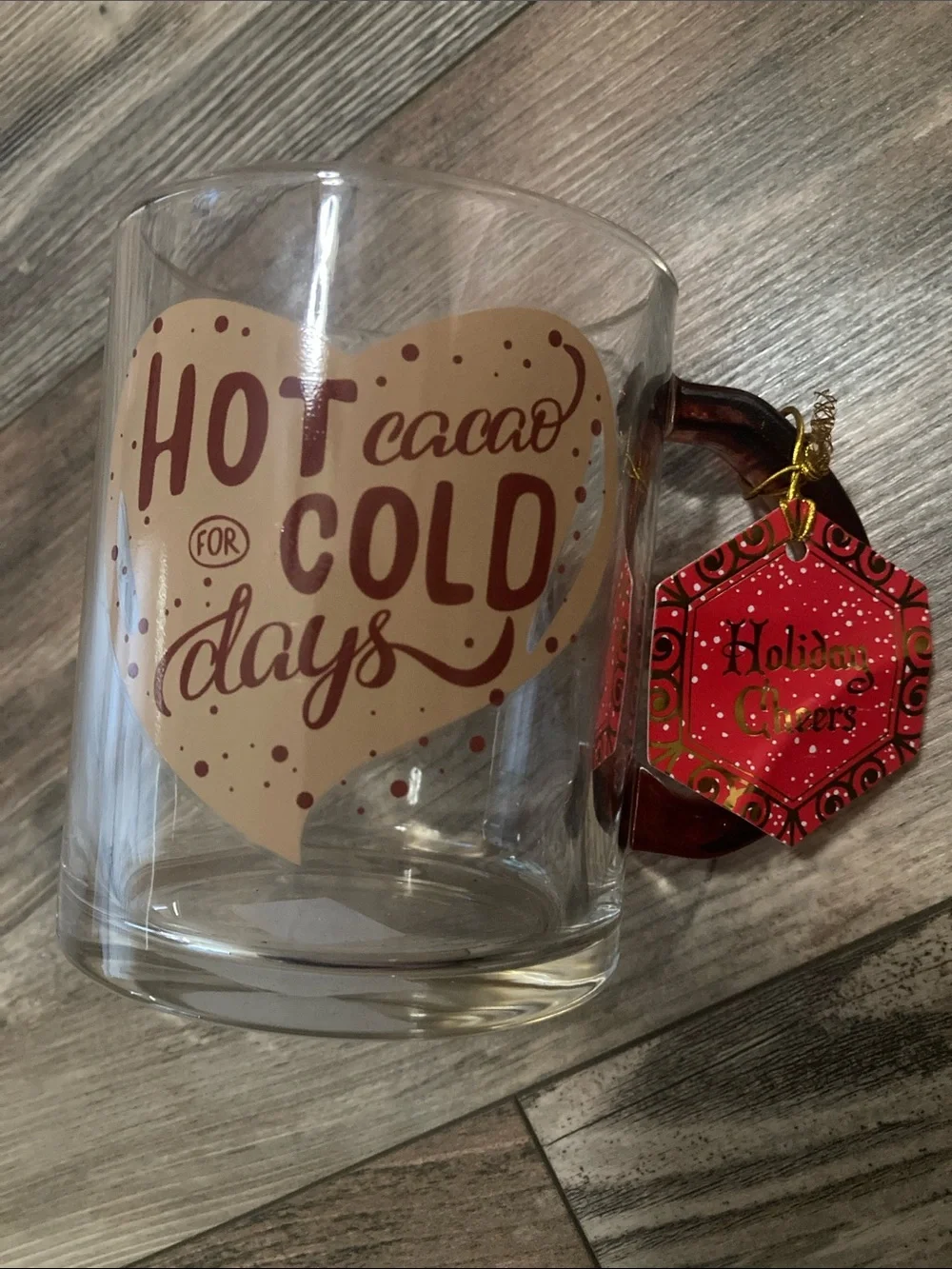 Hot Cocoa for Cold Days Clear Glass Coffee Tea Mug Cup NWT